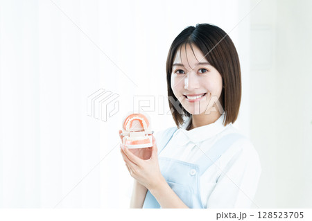 歯の模型を持つ歯科スタッフの女性 歯の模型を持つ歯科スタッフの女性 128523705