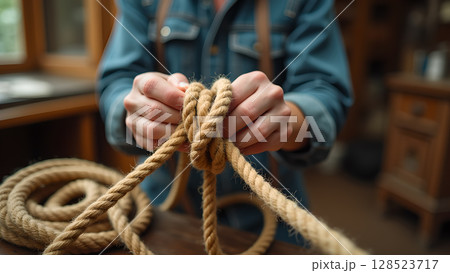 Hands tying a complex knot with a thick, natural fiber rope on a wooden surface Hands tying a complex knot with a thick, natural fiber rope on a wooden surface 128523717