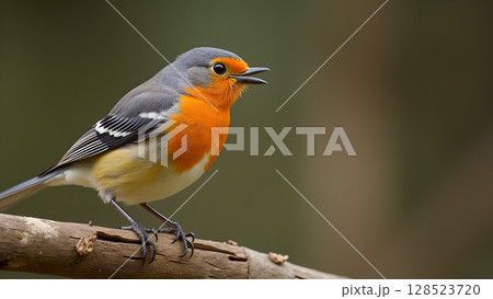 Vibrant orange robin perched delicately on a branch singing amidst a blurred natural background, showing plumage Vibrant orange robin perched delicately on a branch singing amidst a blurred natural background, showing plumage 128523720