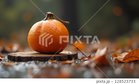 Autumnal still life of a vibrant orange pumpkin resting on a wooden slice surrounded by fallen leaves Autumnal still life of a vibrant orange pumpkin resting on a wooden slice surrounded by fallen leaves 128523733