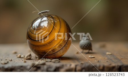 A captivating juxtaposition of life, featuring a beetle perched atop a glass sphere beside a curious bird 128523743
