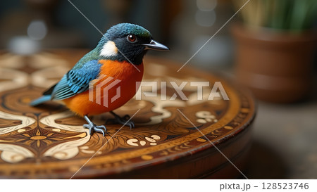 Captivating portrait of a colorful rufous-bellied niltava perched on a beautifully inlaid wooden surface with elegant designs 128523746