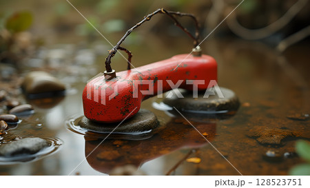Lost communication: Red vintage telephone receiver resting on stones in a shallow creek representing disconnection Lost communication: Red vintage telephone receiver resting on stones in a shallow creek representing disconnection 128523751