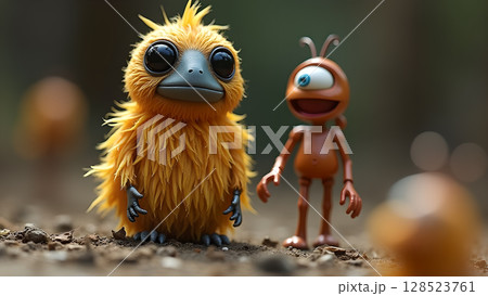Delightful duo a whimsical yellow feathered creature and a cheerful one eyed ant in natural setting Delightful duo a whimsical yellow feathered creature and a cheerful one eyed ant in natural setting 128523761