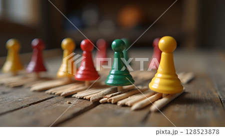 Colorful game pawns arranged on wooden sticks on a wooden table, creating an abstract composition emphasizing strategy Colorful game pawns arranged on wooden sticks on a wooden table, creating an abstract composition emphasizing strategy 128523878
