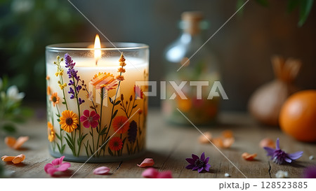 Floral candle burning gently on wooden table with rustic decor providing a cozy atmosphere Floral candle burning gently on wooden table with rustic decor providing a cozy atmosphere 128523885