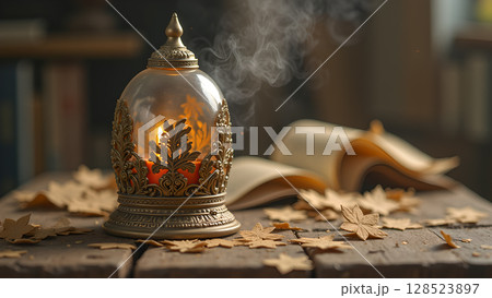 An ornate candle lantern casts a warm glow in a cozy autumnal scene with a book 128523897