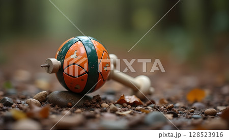 Vintage kendama toy resting in the forest floor with blurred background providing a peaceful scene 128523916