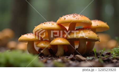 Captivating cluster of honey mushrooms with dewdrops in their caps, against a soft forest background Captivating cluster of honey mushrooms with dewdrops in their caps, against a soft forest background 128523920