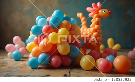Captivating balloon art composition featuring colorful balloon clusters and an adorable giraffe, vibrant and whimsical Captivating balloon art composition featuring colorful balloon clusters and an adorable giraffe, vibrant and whimsical 128523922