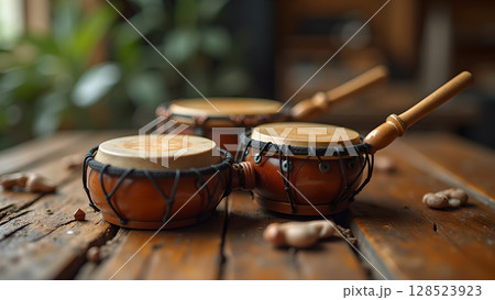 Three elegant african talking drums on wooden surface evoking the essence of musical traditions and percussion instruments Three elegant african talking drums on wooden surface evoking the essence of musical traditions and percussion instruments 128523923