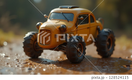 A vibrant yellow monster truck, classic car with an off road conversion, parked on a muddy trail A vibrant yellow monster truck, classic car with an off road conversion, parked on a muddy trail 128524115