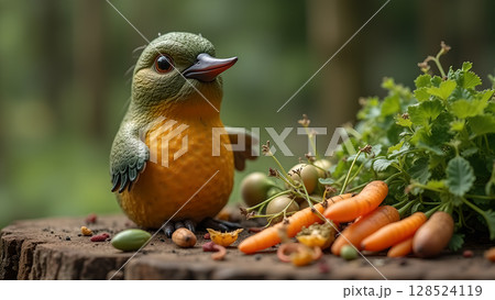 A charming little bird perched on a wooden stump surrounded by carrots and greens outdoors A charming little bird perched on a wooden stump surrounded by carrots and greens outdoors 128524119