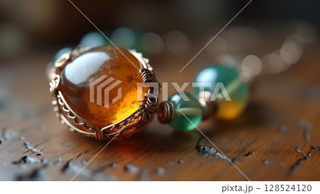 An amber pendant necklace with a copper wire wrap showcases craftsmanship and natural elegance on rustic wood surface An amber pendant necklace with a copper wire wrap showcases craftsmanship and natural elegance on rustic wood surface 128524120