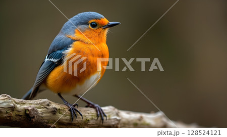 Vibrant robin perched gracefully on a weathered branch, showcasing its stunning plumage and delicate features 128524121