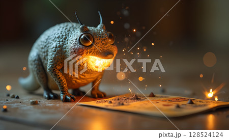 Enchanting creature with a glowing mouth and magical sparks illuminates a mysterious scene, perfect for fantasy illustrations Enchanting creature with a glowing mouth and magical sparks illuminates a mysterious scene, perfect for fantasy illustrations 128524124