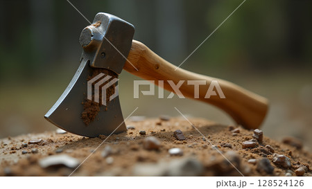 Isolated axe tool with wooden handle on a mound of soil outdoor in nature with a blurred background and soft lighting Isolated axe tool with wooden handle on a mound of soil outdoor in nature with a blurred background and soft lighting 128524126