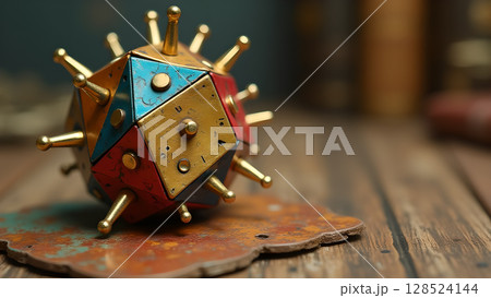 Intricate mechanical puzzle sphere, a vibrant and captivating desktop curiosity with golden spike details Intricate mechanical puzzle sphere, a vibrant and captivating desktop curiosity with golden spike details 128524144