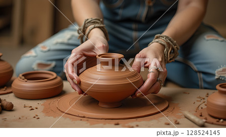 Creative hands shaping clay on a pottery wheel: Crafting art and functional ware with passion and skill 128524145