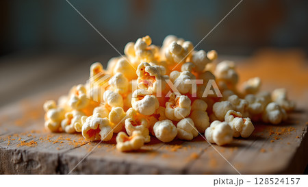 Close up of delicious popcorn arranged in pile on rustic wooden board ready to eat and enjoy Close up of delicious popcorn arranged in pile on rustic wooden board ready to eat and enjoy 128524157