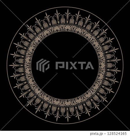 Gold round frame with Greek floral meanders. Vector pattern with arabesques, floral elements. Traditional classic ornament. Ancient Greece and the Roman Empire. Frame for round surfaces, textiles 128524165