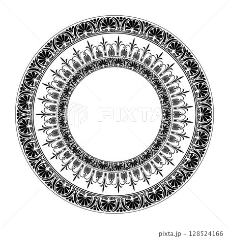 Round frame with Greek floral meanders. Ethnic decorative element. Vector pattern with arabesques, floral elements. Ancient Greece, the Roman Empire. Islam, Arabic, Indian, ottoman motifs. For textile 128524166