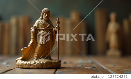 Golden Jesus statue standing tall with a blurred background showcases religious sculpture and reverence for faith 128524251