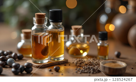 Bottles with natural oil used in aromatherapy treatments and relaxation techniques for health and wellness 128524267