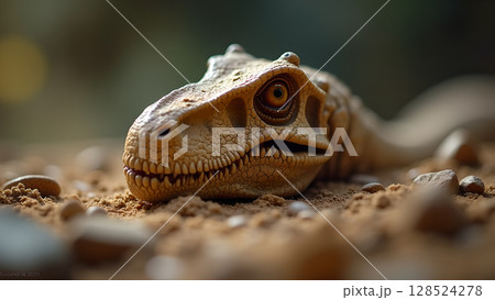 The captivating stare of a dinosaur toy resting on sandy ground evokes prehistoric adventures for children The captivating stare of a dinosaur toy resting on sandy ground evokes prehistoric adventures for children 128524278