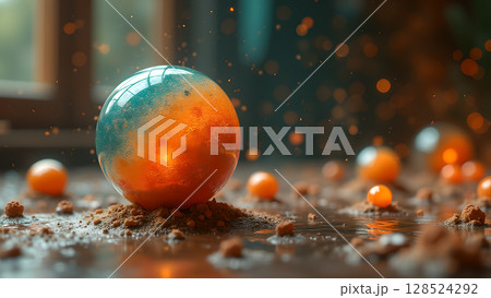 Mesmerizing glass sphere on the ground surrounded by smaller orbs with enchanting bokeh lights 128524292