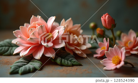 Captivating artistic floral arrangement featuring peach dahlia blooms buds and textured foliage set against a mottled background 128524390
