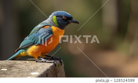 Striking superb starling with vibrant plumage perched majestically on a stone surface during daylight exposure capturing beauty 128524399