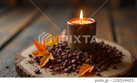 Autumnal candle centerpiece featuring warm light, coffee beans, and vibrant fall leaves creating a cozy atmosphere 128524423