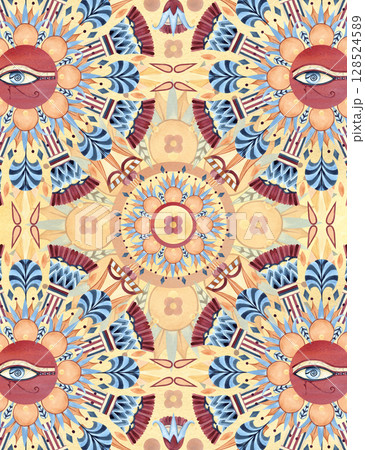 Egyptian style with arabesque design with eye of Horus, ancient ethnic ornament. Geometric patterns, abstract lotus, palm, flowers. Watercolor illustration isolated on yellow background for postcards Egyptian style with arabesque design with eye of Horus, ancient ethnic ornament. Geometric patterns, abstract lotus, palm, flowers. Watercolor illustration isolated on yellow background for postcards 128524589