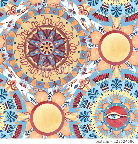 Arabesque seamless pattern with eye of Horus, template, ancient ethnic ornament. Geometric patterns, abstract lotus, palm, flowers. Watercolor illustration isolated from background for textile, gift 128524590