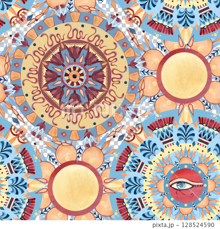 Arabesque seamless pattern with eye of Horus, template, ancient ethnic ornament. Geometric patterns, abstract lotus, palm, flowers. Watercolor illustration isolated from background for textile, gift 128524590
