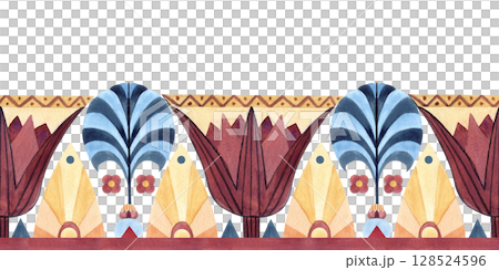 Egyptian ornaments seamless border. Ancient ethnic patterns, symbols. Lotus shaped, abstract blue palm, geometric patterns. Watercolor illustration isolated from background. Culture concept frame Egyptian ornaments seamless border. Ancient ethnic patterns, symbols. Lotus shaped, abstract blue palm, geometric patterns. Watercolor illustration isolated from background. Culture concept frame 128524596