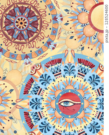 Egyptian postcard with arabesque design, ancient ethnic ornament. Geometric symmetrical patterns, abstract lotus, palm, flowers, eye of Horus. Watercolor illustration isolated on yellow background 128524600