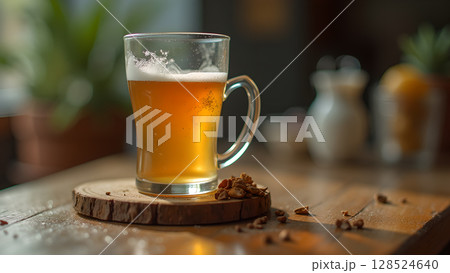 Refreshing golden ale presented in a glass mug sitting on a wooden coaster display 128524640