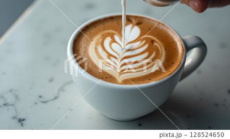Close up of pouring milk to create latte art in a cup of coffee on the table 128524650