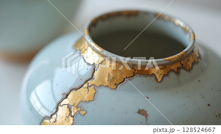 Close up aesthetic shot of a handmade ceramic vase decorated with gold accents for home decor and showcasing craftsmanship 128524667