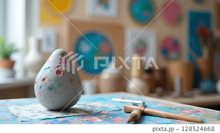 Artistic still life featuring a handcrafted clay sculpture a paint covered table with brushes and vibrant artworks Artistic still life featuring a handcrafted clay sculpture a paint covered table with brushes and vibrant artworks 128524668
