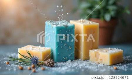 Artisan handcrafted soaps with natural ingredients creating a luxurious spa like experience with botanical accents Artisan handcrafted soaps with natural ingredients creating a luxurious spa like experience with botanical accents 128524671
