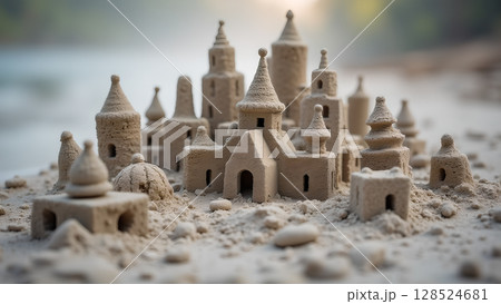 Intricate sandcastle on the beach showcases architectural details and summer seaside creativity and playful imagination 128524681