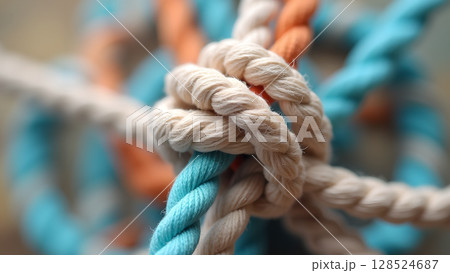 Entangled textured ropes creates a captivating visual spectacle featuring diverse colors and intriguing intertwining patterns and soft focus 128524687