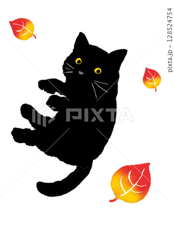 秋の紅葉の中で遊ぶ可愛い黒猫のイラスト 128524754