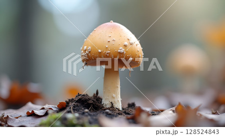 Close-up of a toadstool mushroom growing amidst fallen leaves on the forest floor during the autumn season Close-up of a toadstool mushroom growing amidst fallen leaves on the forest floor during the autumn season 128524843