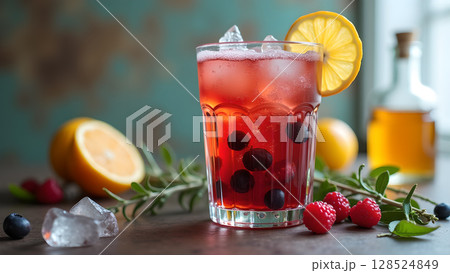 Refreshing summer mixed berry cocktail drink garnished with lemon offers a delightful beverage experience 128524849