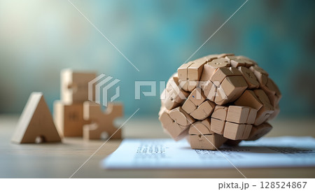 Creative thinking wooden brain puzzle and toy blocks concept for intelligence games and problem solving 128524867