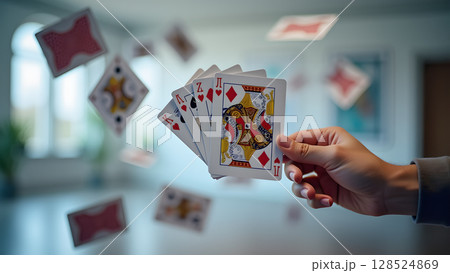 Hand holding playing cards with poker cards falling on the air indoor background concept winning 128524869